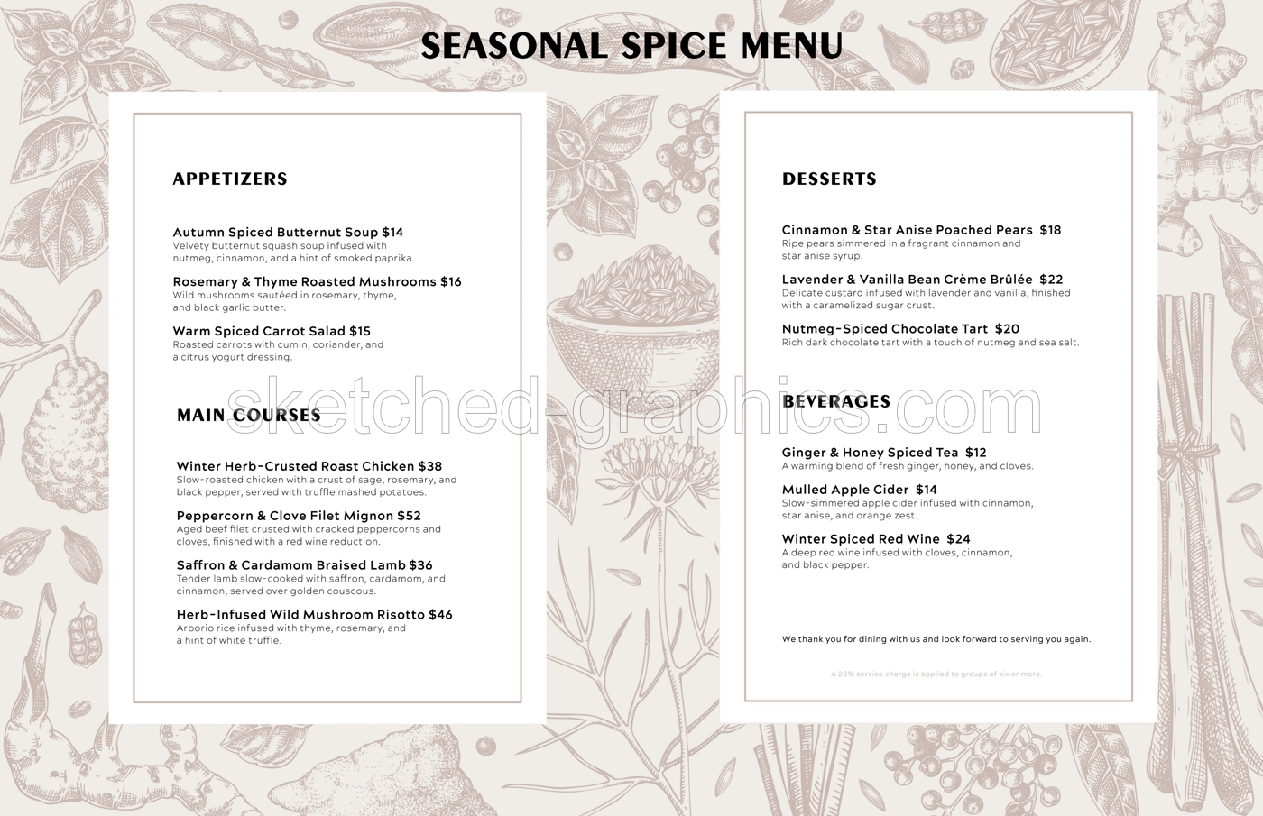 Sketch style restaurant menu design. Hand drawn spices vector illustration. Basil, galangal, cumin, cilantro, tumeric, lemongrass, lime sketches. Herbs background. NOT AI generated Illustration